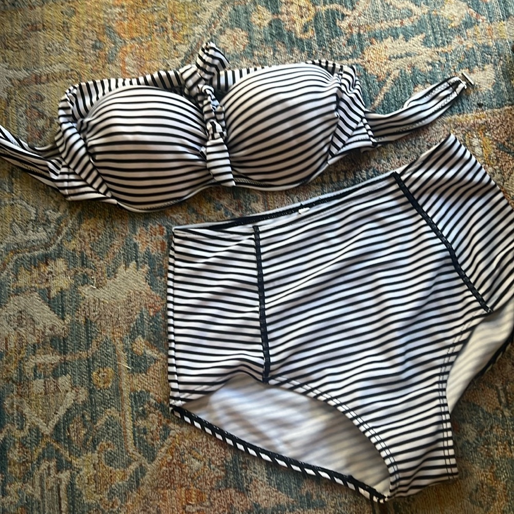 Matching black and white striped vintage swim set